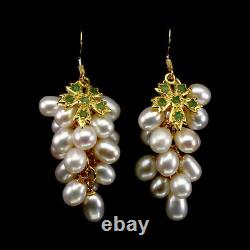 Unheated Round Green Emerald White Pearl Gold Plate 925 Sterling Silver Earrings