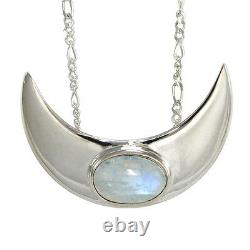 Very Large Sterling Silver Crescent Moon Rainbow Moonstone 18 Necklace Pendant