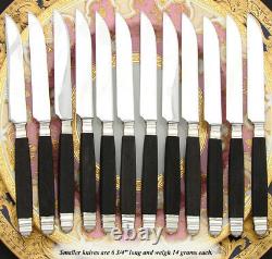 Vintage French 24pc Sterling Silver & Ebony Handled Table Knife Set, Stainless