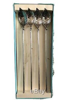 Vintage Genuine © TIFFANY &CO. Set 4 Sterling Leaf Cocktail Straw Stirrer Spoons