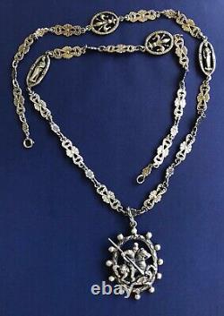 Vintage Peruzzi Sterling Silver St. Gorge Slayng Dragon Pendant Chain Necklace