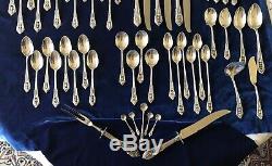 Vtg Wallace Sterling Silver Flatware Rose Point Pattern-55 Pieces + Case