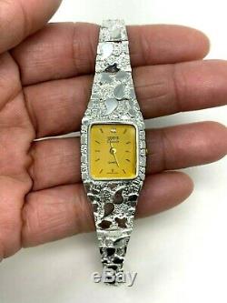 Women's 925 Sterling Silver Nugget Link Geneve Diamond Wrist Watch 6.5-7 24.7g