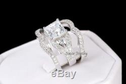 Womens 3.4ct Princess Cut 925 Sterling Silver Wedding Engagement Ring Set