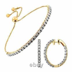 1/2 Ct Boucle D'oreille Diamond Hoop & Bolo Bracelet Set, 14k Gold-plated Argent Sterling