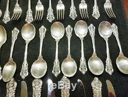 (48 Pc) Grand Wallace Grand Baroque En Argent Sterling Coutellerie Old Set Lourd