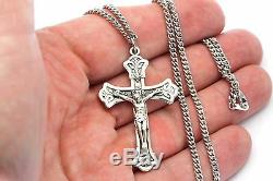 925 Croix Catholique En Argent Sterling Collier Crucifix Pour Les Hommes 24 Chaîne Made USA