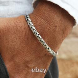 925 Sterling Silver Men Women Braided Slim Cuff Bangle Bracelet Gratuit Big Size