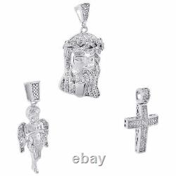 925 Sterling Silver Real Diamond Mini Pave Jesus Pendentif Angel & Cross Set 1 Ct
