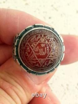 925 Sterling Silver Ring Carnelian Aqeeq Unique Talisman Seal Of Solomon