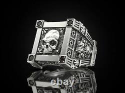 925 Sterling Silver Vampire Skull Black Diamond Gothic Men’s Biker Ring Oxydé