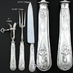 Antique Français Sterling Silver 3pc Set De Carving De Viande, Motif Art Nouveau, En Boîte