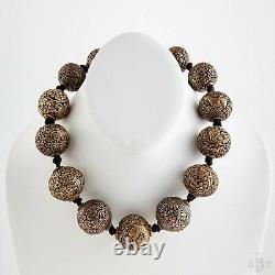 Antique Vintage Art Déco Sterling Silver Chinois Shou Bead Huge Carved Necklace