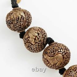 Antique Vintage Art Déco Sterling Silver Chinois Shou Bead Huge Carved Necklace