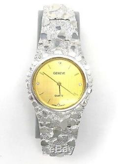 Argent 925 Nugget Bande Montre-bracelet Avec Geneve Diamond Watch 7 42grams