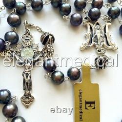 Black Tahitian Pearl Bali Sterling Silver Cross Perles Rosaire Collier Boîte Croix