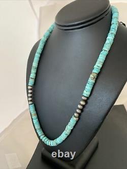 Blue Turquoise Heishi Sterling Silver Collier Navajo Pearls Stab 8mm 20 970