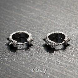 Boucles D’oreilles White Gold 925 Sterling Silver Fully Iced Cz Small Spike Huggie Hoop