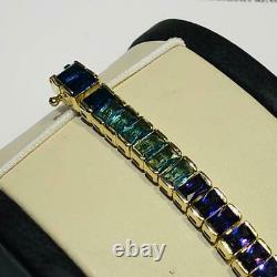Bracelet De Tennis Saphir Arc-en-ciel Taille Émeraude Argent Sterling Or Jaune 18k Nouveau