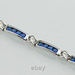 Bracelet de tennis rectangulaire en saphir bleu et topaze blanche en argent sterling 925 de 7 pouces.