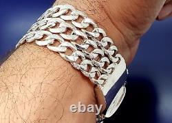 Bracelet identité en argent massif de 26 mm et de 65 grammes à trois rangées de maillons cubains, 8 pouces