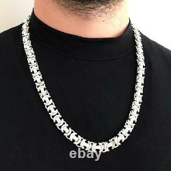 Collier 11mm Mens Flat Byzantine Euro Chain Collier 925 Sterling Silver 128gr 26inch