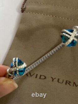 David Yurman Sterling Silver Cable Wrap 10mm Bleu Topaz Diamant Bracelet Cuff