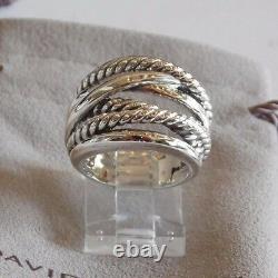 David Yurman Wide Crossover Sterling Silver Cable Band Ring Taille 8 Avec Pouch