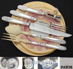 Ensemble D'utensiles De Service 5pc En Argent Sterling Français Antique, Carving De Viande Et Set De Salade