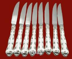 Ensemble de 8 couteaux à steak dentelés en argent sterling de Strasbourg par Gorham, fabriqués sur mesure.