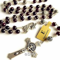 Garnet Filaire Et Perles D'argent Sterling 925 Crucifix Catholique Rosary Necklace