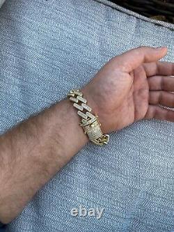 Homme 18mm Baguette Prong Cuban Bracelet Gold Plated Solid 925 Sterling Silver