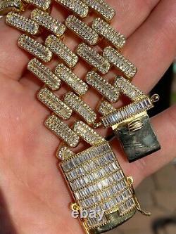 Homme 18mm Baguette Prong Cuban Bracelet Gold Plated Solid 925 Sterling Silver