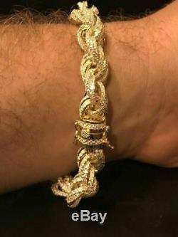 Hommes 12mm Bracelet En Or 14k Corde Et Solid Argent 925 Diamants De 25ct
