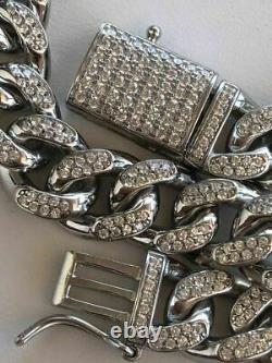 Hommes Miami Cuban Link Bracelet Solid 925 St Sterling Argent Icy Diamants 10mm