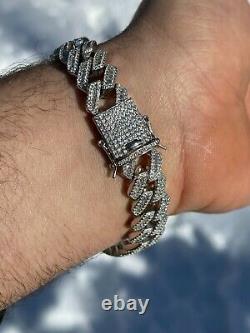 Hommes Solid 925 Argent Sterling Baguette Prong Miami Cuban Bracelet Iced Diamond