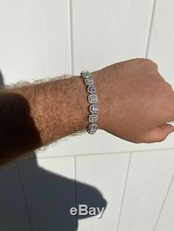 Iced Argent Massif 925 Sterling Diamant Tennis Bracelet Baguette Hip Hop Hommes