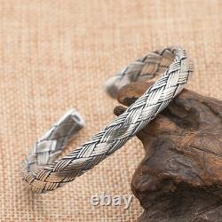 Men’s Real 925 Sterling Silver Cuff Bracelet Tressé Hemp Rope Jewelry
