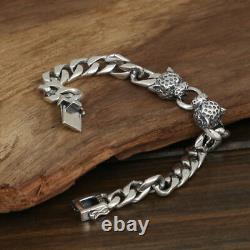 Men’s Solid 925 Sterling Silver Bracelet Link Leopard Head Chain Bijoux