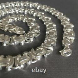 Mens King Flat Byzantine Chain Colliers 7.5mm 925 Sterling Silver 55gr 26inch