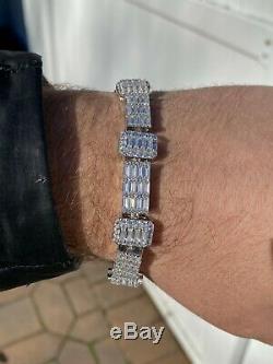 Mens Solid Real Argent 925 Bracelet Iced Diamant Baguette Out Inondé
