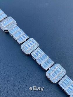 Mens Solid Real Argent 925 Bracelet Iced Diamant Baguette Out Inondé