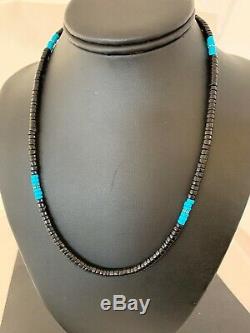Native American Bleu Turquoise Heishi Onyx Collier En Argent Sterling Men 8823
