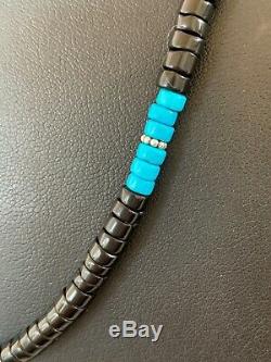 Native American Bleu Turquoise Heishi Onyx Collier En Argent Sterling Men 8823