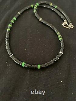 Native American Green Turquoise Heishi Onyx Collier D'argent Sterling Pour Hommes 4686