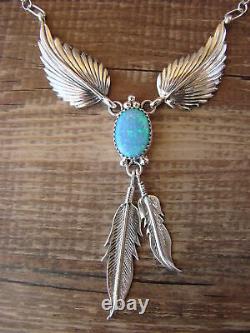 Native American Jewelry Opal Feather Sterling Silver Necklace Par V. Bettone
