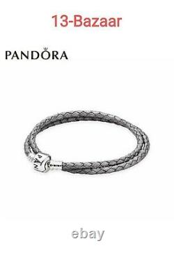 Pandora Véritable Argent Sterling Gris Double Gainé De Cuir Bracelet 38cm + Étui
