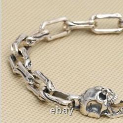Real 925 Sterling Silver Bracelet Link Skull Bone Clasp Longue Boucle