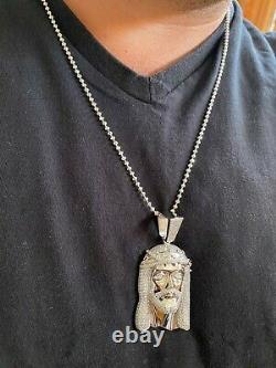 Real 925 Sterling Silver Icy Jesus Piece Flooded Out Pendant Iced Mens Collier