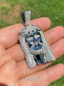 Real 925 Sterling Silver Icy Jesus Piece Flooded Out Pendant Iced Mens Collier